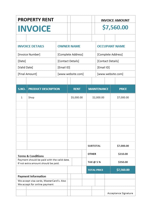 Property Rent Invoice Template PSD template